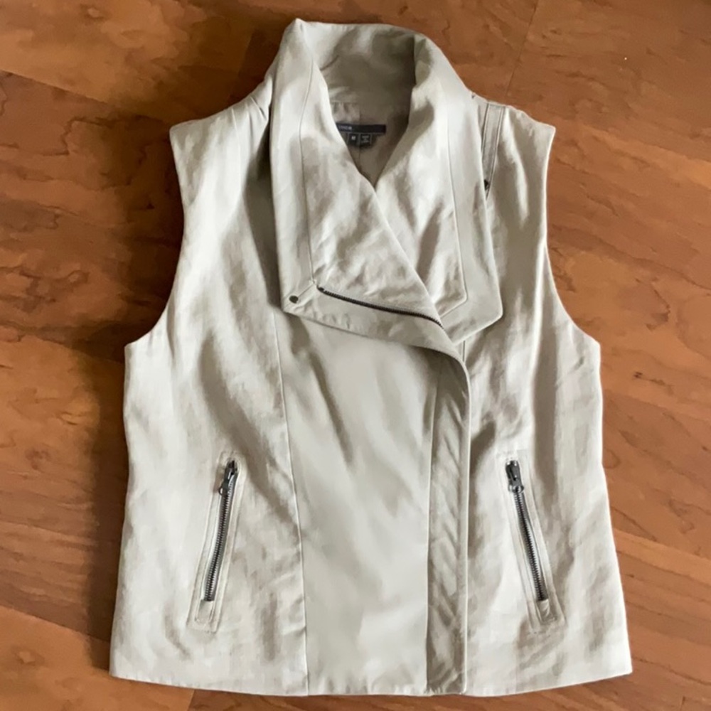 Vince Leather And Linen Asymmetrical Moto Vest-Medium